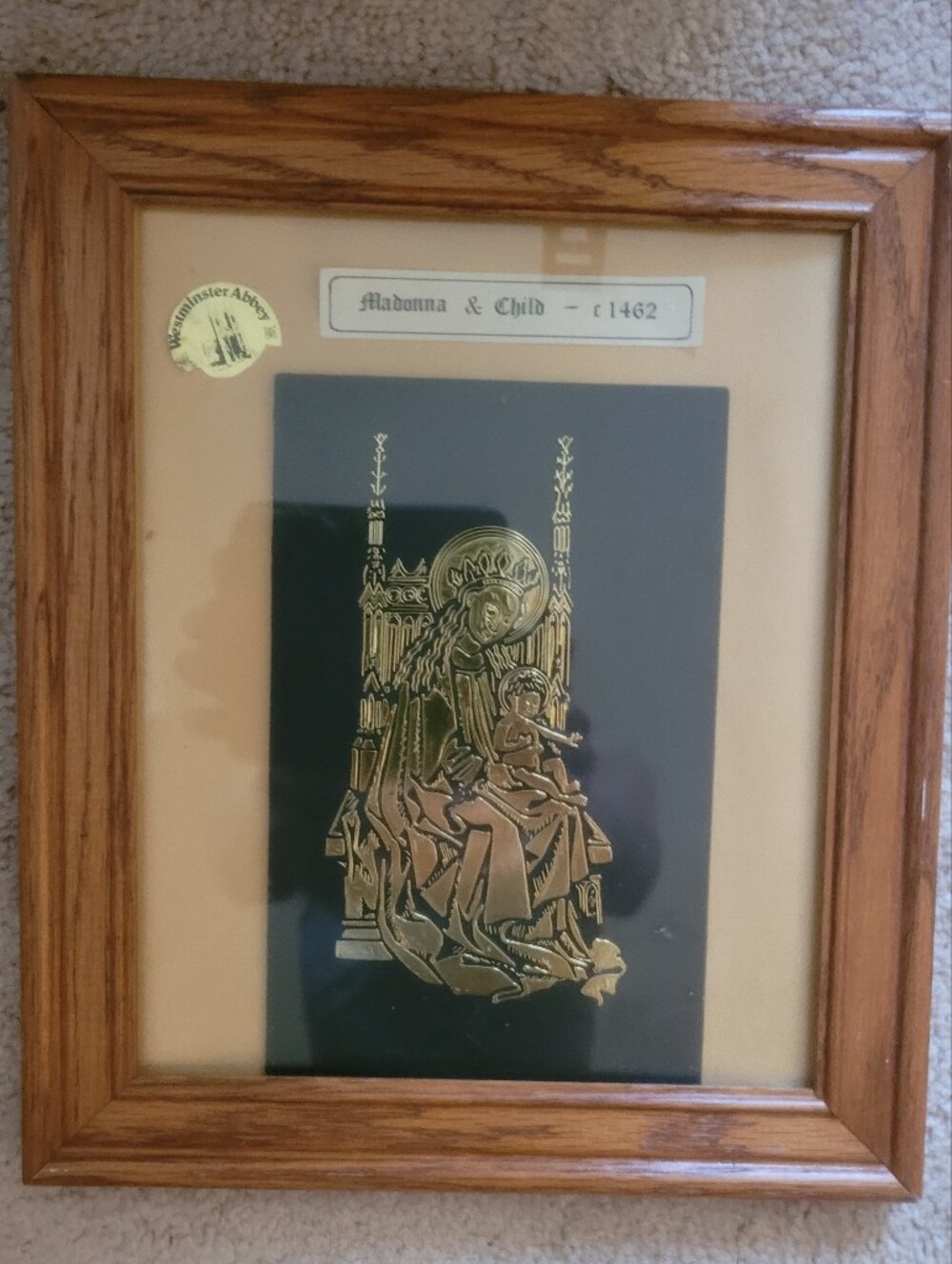 Vintage Framed Westminster Abbey Brass Rubbing Art – Madonna & Child c.1462